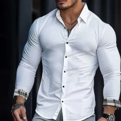 OUKU Men's Plaid / Check Dress Shirt Casual Shirt Button Up Shirt Long Sleeve Business Casual Formal Business Casual Spring Fall Turndown Button Up White