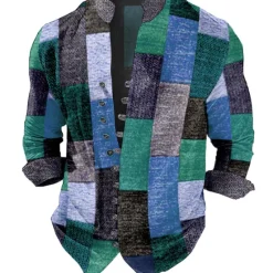 New OUKU Men's Plaid / Check Geometric Pattern Geometry Shirt Button Up Shirt Long Sleeve Fashion Streetwear Designer Outdoor Casual Daily Summer Spring Fall Stand Collar Print Light Green Red Blue Purple