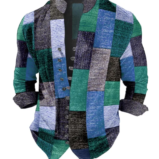 New OUKU Men's Plaid / Check Geometric Pattern Geometry Shirt Button Up Shirt Long Sleeve Fashion Streetwear Designer Outdoor Casual Daily Summer Spring Fall Stand Collar Print Light Green Red Blue Purple