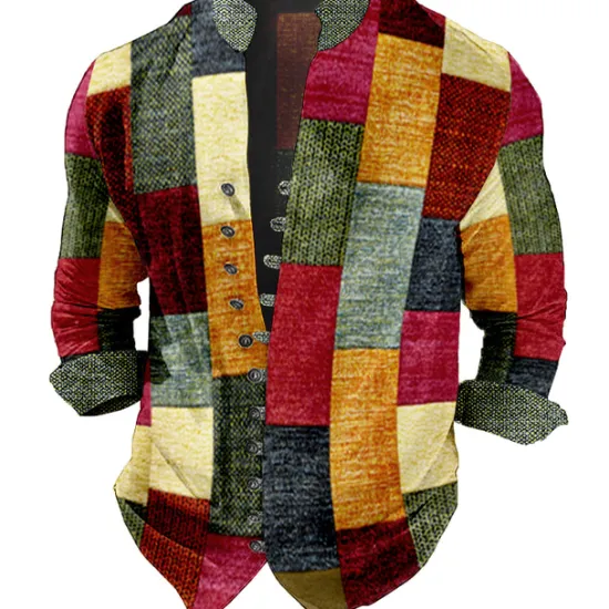 New OUKU Men's Plaid / Check Geometric Pattern Geometry Shirt Button Up Shirt Long Sleeve Fashion Streetwear Designer Outdoor Casual Daily Summer Spring Fall Stand Collar Print Light Green Red Blue Purple