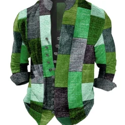 New OUKU Men's Plaid / Check Geometric Pattern Geometry Shirt Button Up Shirt Long Sleeve Fashion Streetwear Designer Outdoor Casual Daily Summer Spring Fall Stand Collar Print Light Green Red Blue Purple