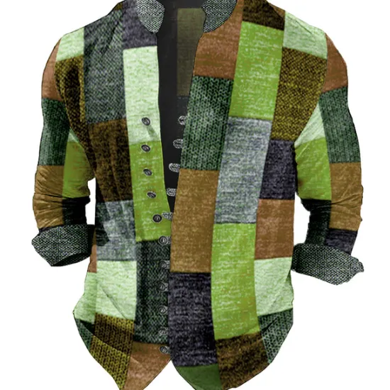 New OUKU Men's Plaid / Check Geometric Pattern Geometry Shirt Button Up Shirt Long Sleeve Fashion Streetwear Designer Outdoor Casual Daily Summer Spring Fall Stand Collar Print Light Green Red Blue Purple