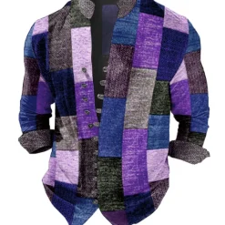 New OUKU Men's Plaid / Check Geometric Pattern Geometry Shirt Button Up Shirt Long Sleeve Fashion Streetwear Designer Outdoor Casual Daily Summer Spring Fall Stand Collar Print Light Green Red Blue Purple
