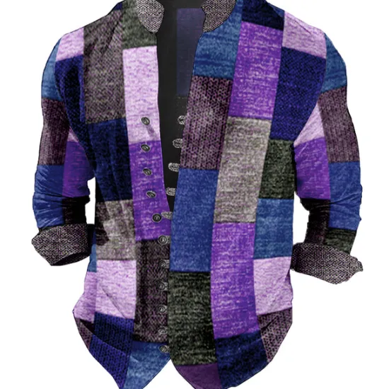New OUKU Men's Plaid / Check Geometric Pattern Geometry Shirt Button Up Shirt Long Sleeve Fashion Streetwear Designer Outdoor Casual Daily Summer Spring Fall Stand Collar Print Light Green Red Blue Purple