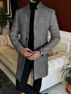Outlet OUKU Men's Plaid / Check Geometry Winter Coat Overcoat Coat Warm Breathable Comfortable Fashion Streetwear Business Work Wear to work Going out Pocket Print Fall & Winter Turndown Long Sleeve Black Gray
