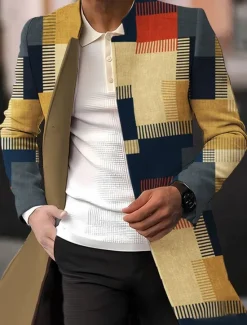 Sale OUKU Men's Plaid / Check Graphic Prints Geometry Winter Coat Overcoat Coat Warm Breathable Comfortable Fashion Streetwear Business Work Wear to work Going out Pocket Print Fall & Winter Turndown Long