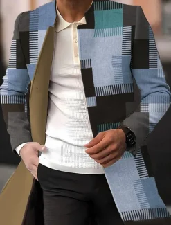 Sale OUKU Men's Plaid / Check Graphic Prints Geometry Winter Coat Overcoat Coat Warm Breathable Comfortable Fashion Streetwear Business Work Wear to work Going out Pocket Print Fall & Winter Turndown Long