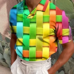 Online OUKU Men's Plaid / Check Graphic Prints Polo Shirt Golf Shirt Short Sleeves Shirt Cuban Collar Outdoor Street Yellow Red Green Print Clothing Apparel Fashion Designer Casual Breathable