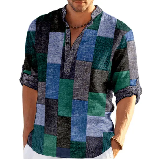 Outlet OUKU Men's Plaid / Check Patchwork Geometric Pattern Shirt Button Up Shirt Long Sleeve Fashion Streetwear Designer Casual Going out Summer Spring Fall Stand Collar Print Khaki+Khaki Black White Yellow