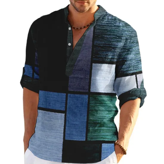 Outlet OUKU Men's Plaid / Check Patchwork Geometric Pattern Shirt Button Up Shirt Long Sleeve Fashion Streetwear Designer Casual Going out Summer Spring Fall Stand Collar Print Khaki+Khaki Black White Yellow