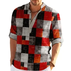 Outlet OUKU Men's Plaid / Check Patchwork Geometric Pattern Shirt Button Up Shirt Long Sleeve Fashion Streetwear Designer Casual Going out Summer Spring Fall Stand Collar Print Khaki+Khaki Black White Yellow