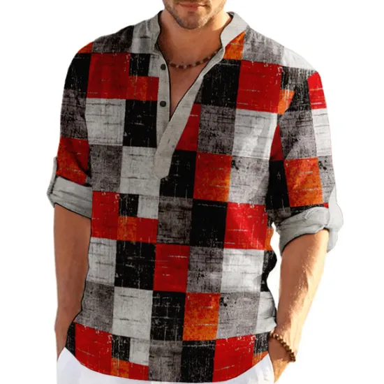 Outlet OUKU Men's Plaid / Check Patchwork Geometric Pattern Shirt Button Up Shirt Long Sleeve Fashion Streetwear Designer Casual Going out Summer Spring Fall Stand Collar Print Khaki+Khaki Black White Yellow