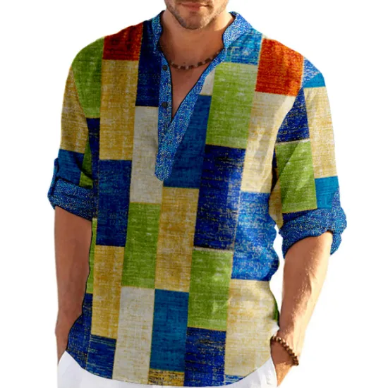 Outlet OUKU Men's Plaid / Check Patchwork Geometric Pattern Shirt Button Up Shirt Long Sleeve Fashion Streetwear Designer Casual Going out Summer Spring Fall Stand Collar Print Khaki+Khaki Black White Yellow