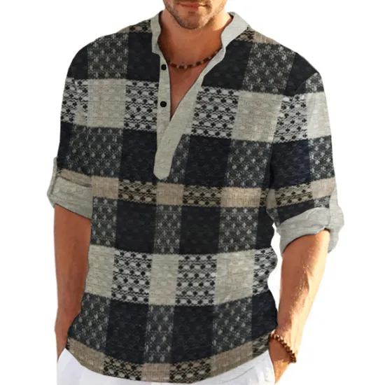 Outlet OUKU Men's Plaid / Check Patchwork Geometric Pattern Shirt Button Up Shirt Long Sleeve Fashion Streetwear Designer Casual Going out Summer Spring Fall Stand Collar Print Khaki+Khaki Black White Yellow