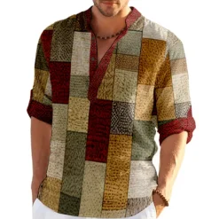 Outlet OUKU Men's Plaid / Check Patchwork Geometric Pattern Shirt Button Up Shirt Long Sleeve Fashion Streetwear Designer Casual Going out Summer Spring Fall Stand Collar Print Khaki+Khaki Black White Yellow