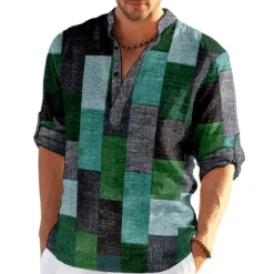 Outlet OUKU Men's Plaid / Check Patchwork Geometric Pattern Shirt Button Up Shirt Long Sleeve Fashion Streetwear Designer Casual Going out Summer Spring Fall Stand Collar Print Khaki+Khaki Black White Yellow