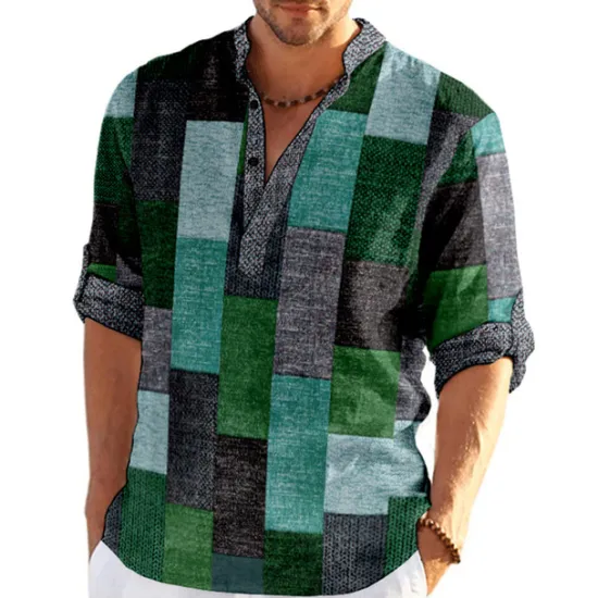 Outlet OUKU Men's Plaid / Check Patchwork Geometric Pattern Shirt Button Up Shirt Long Sleeve Fashion Streetwear Designer Casual Going out Summer Spring Fall Stand Collar Print Khaki+Khaki Black White Yellow