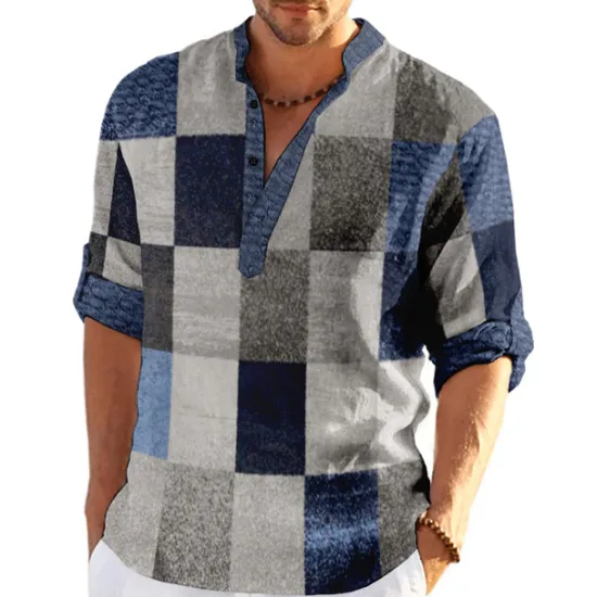 Outlet OUKU Men's Plaid / Check Patchwork Geometric Pattern Shirt Button Up Shirt Long Sleeve Fashion Streetwear Designer Casual Going out Summer Spring Fall Stand Collar Print Khaki+Khaki Black White Yellow