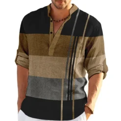 Outlet OUKU Men's Plaid / Check Patchwork Geometric Pattern Shirt Button Up Shirt Long Sleeve Fashion Streetwear Designer Casual Going out Summer Spring Fall Stand Collar Print Khaki+Khaki Black White Yellow