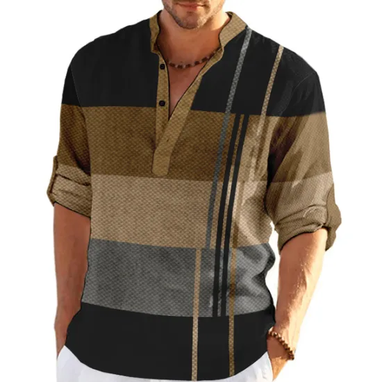 Outlet OUKU Men's Plaid / Check Patchwork Geometric Pattern Shirt Button Up Shirt Long Sleeve Fashion Streetwear Designer Casual Going out Summer Spring Fall Stand Collar Print Khaki+Khaki Black White Yellow