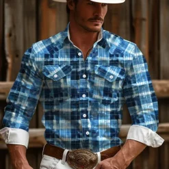 Online OUKU Men's Plaid / Check Western Shirt Cowboy Shirt Long Sleeve Vintage Western Style Daily Wear Going out Weekend Spring & Summer Turndown Pocket Print Button-Down Pink Blue Brown Gray