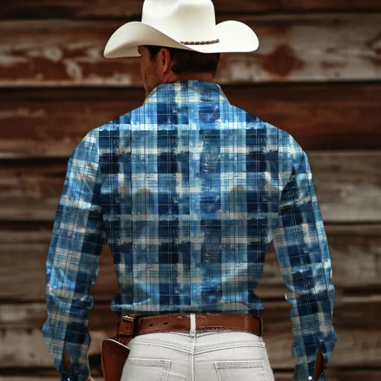 Online OUKU Men's Plaid / Check Western Shirt Cowboy Shirt Long Sleeve Vintage Western Style Daily Wear Going out Weekend Spring & Summer Turndown Pocket Print Button-Down Pink Blue Brown Gray