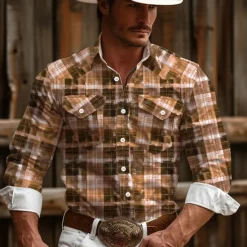 Online OUKU Men's Plaid / Check Western Shirt Cowboy Shirt Long Sleeve Vintage Western Style Daily Wear Going out Weekend Spring & Summer Turndown Pocket Print Button-Down Pink Blue Brown Gray