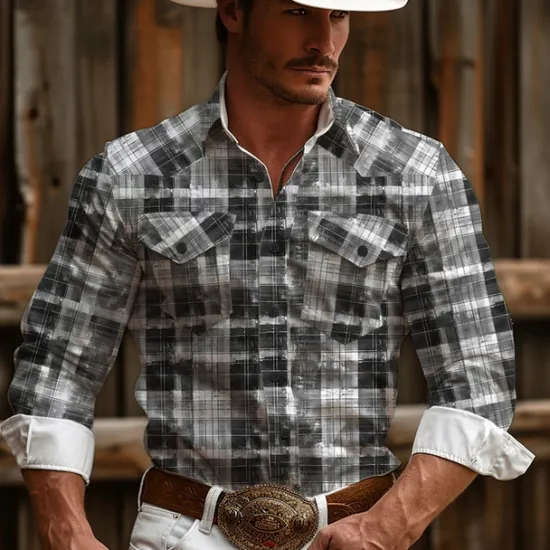 Online OUKU Men's Plaid / Check Western Shirt Cowboy Shirt Long Sleeve Vintage Western Style Daily Wear Going out Weekend Spring & Summer Turndown Pocket Print Button-Down Pink Blue Brown Gray