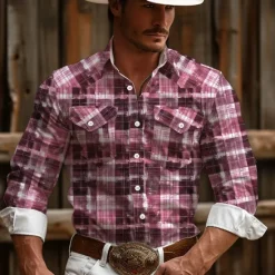 Online OUKU Men's Plaid / Check Western Shirt Cowboy Shirt Long Sleeve Vintage Western Style Daily Wear Going out Weekend Spring & Summer Turndown Pocket Print Button-Down Pink Blue Brown Gray