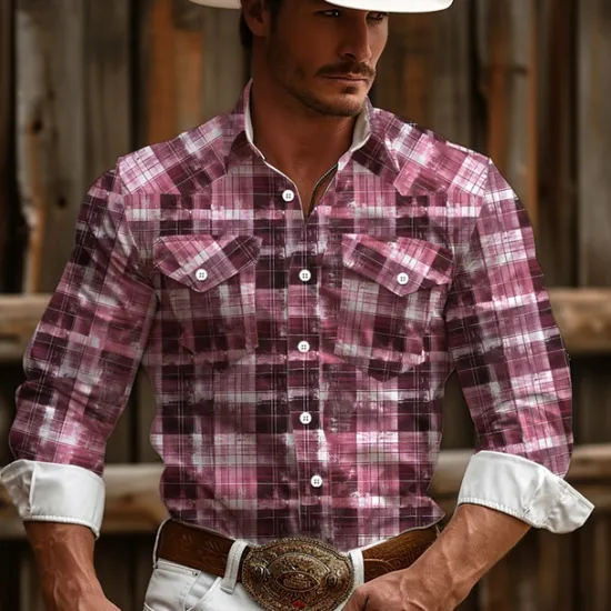 Online OUKU Men's Plaid / Check Western Shirt Cowboy Shirt Long Sleeve Vintage Western Style Daily Wear Going out Weekend Spring & Summer Turndown Pocket Print Button-Down Pink Blue Brown Gray