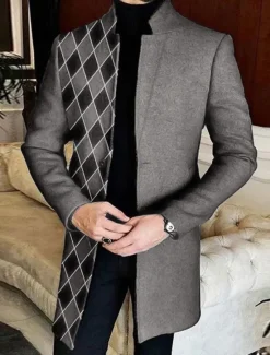 Hot OUKU Men's Plaid Argyle Graffiti Winter Coat Overcoat Coat Warm Breathable Comfortable Fashion Streetwear Business Work Wear to work Going out Pocket Print Fall & Winter Turndown Long Sleeve Black White