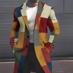Best OUKU Men's Plaid Checkered Winter Coat Overcoat Coat Warm Breathable Comfortable Business Casual Work Wear to work Going out Pocket Print Fall & Winter Turndown Long Sleeve Orange khaki