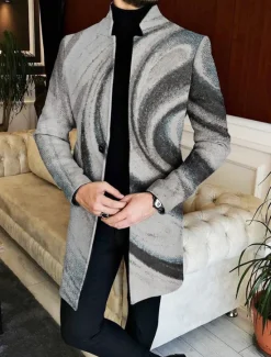 OUKU Men's Plaid Color Block Marble Winter Coat Overcoat Coat Warm Breathable Comfortable Fashion Streetwear Business Work Wear to work Going out Pocket Print Fall & Winter Turndown Long Sleeve Orange