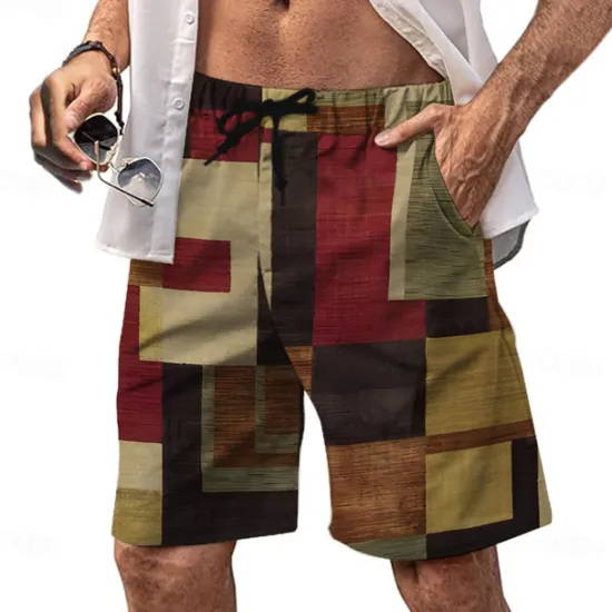 Discount OUKU Men's Plaid Color Block Stripe Swim Trunks Swim Shorts Board Shorts Mid Waist Fashion Streetwear Designer Casual Daily Holiday Pocket Drawstring Elastic Waist Designer Clothing Apparel Khaki