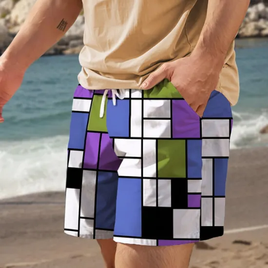 New OUKU Men's Plaid Color Block Swim Trunks Swim Shorts Board Shorts Mid Waist Vacation Hawaiian Holiday Vacation Holiday Beach Drawstring with Mesh lining Elastic Waist Designer Clothing Apparel