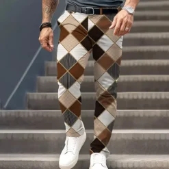 New OUKU Men's Plaid Dress Pants Mid Waist Formal Casual Buttons Pocket 3D Print Summer Spring Fall & Winter 3D Print Brown
