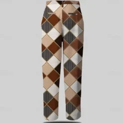 New OUKU Men's Plaid Dress Pants Mid Waist Formal Casual Buttons Pocket 3D Print Summer Spring Fall & Winter 3D Print Brown