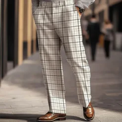 OUKU Men's Plaid Dress Pants Mid Waist Casual Outdoor Home Dailywear Zipper Pocket Straight Leg Trousers Summer Spring Fall 3D Print White