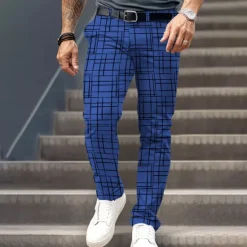 Outlet OUKU Men's Plaid Dress Pants Mid Waist Formal Casual Buttons Pocket 3D Print Summer Spring Fall & Winter 3D Print Navy Blue Blue