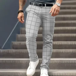 Best OUKU Men's Plaid Dress Pants Mid Waist Business Casual Formal Dailywear Zipper Pocket Summer Spring Fall 3D Print Brown Gray