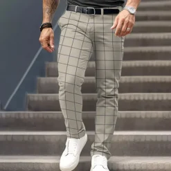 Best OUKU Men's Plaid Dress Pants Mid Waist Business Casual Formal Dailywear Zipper Pocket Summer Spring Fall 3D Print Brown Gray