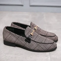 Hot OUKU Men's Plaid Fabric Loafers with Metal Buckle – Stylish Slip-On Shoes for Business, Weddings, and Smart-Casual Outfits