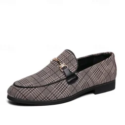 Hot OUKU Men's Plaid Fabric Loafers with Metal Buckle – Stylish Slip-On Shoes for Business, Weddings, and Smart-Casual Outfits
