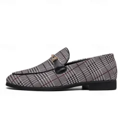 Hot OUKU Men's Plaid Fabric Loafers with Metal Buckle – Stylish Slip-On Shoes for Business, Weddings, and Smart-Casual Outfits