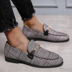 Hot OUKU Men's Plaid Fabric Loafers with Metal Buckle – Stylish Slip-On Shoes for Business, Weddings, and Smart-Casual Outfits