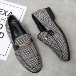 Hot OUKU Men's Plaid Fabric Loafers with Metal Buckle – Stylish Slip-On Shoes for Business, Weddings, and Smart-Casual Outfits
