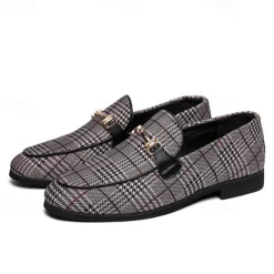Hot OUKU Men's Plaid Fabric Loafers with Metal Buckle – Stylish Slip-On Shoes for Business, Weddings, and Smart-Casual Outfits
