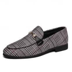 Hot OUKU Men's Plaid Fabric Loafers with Metal Buckle – Stylish Slip-On Shoes for Business, Weddings, and Smart-Casual Outfits