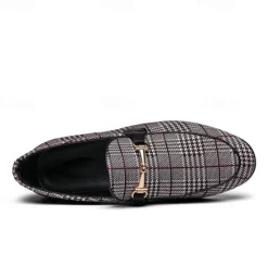 Hot OUKU Men's Plaid Fabric Loafers with Metal Buckle – Stylish Slip-On Shoes for Business, Weddings, and Smart-Casual Outfits
