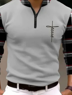 Best OUKU Men's Plaid Faith Zip Polo Golf Polos Shirts Long Sleeve Polo Shirts Zip Vintage Outdoor Casual Daily Streetwear 3D Print Fall & Winter Black White Wine